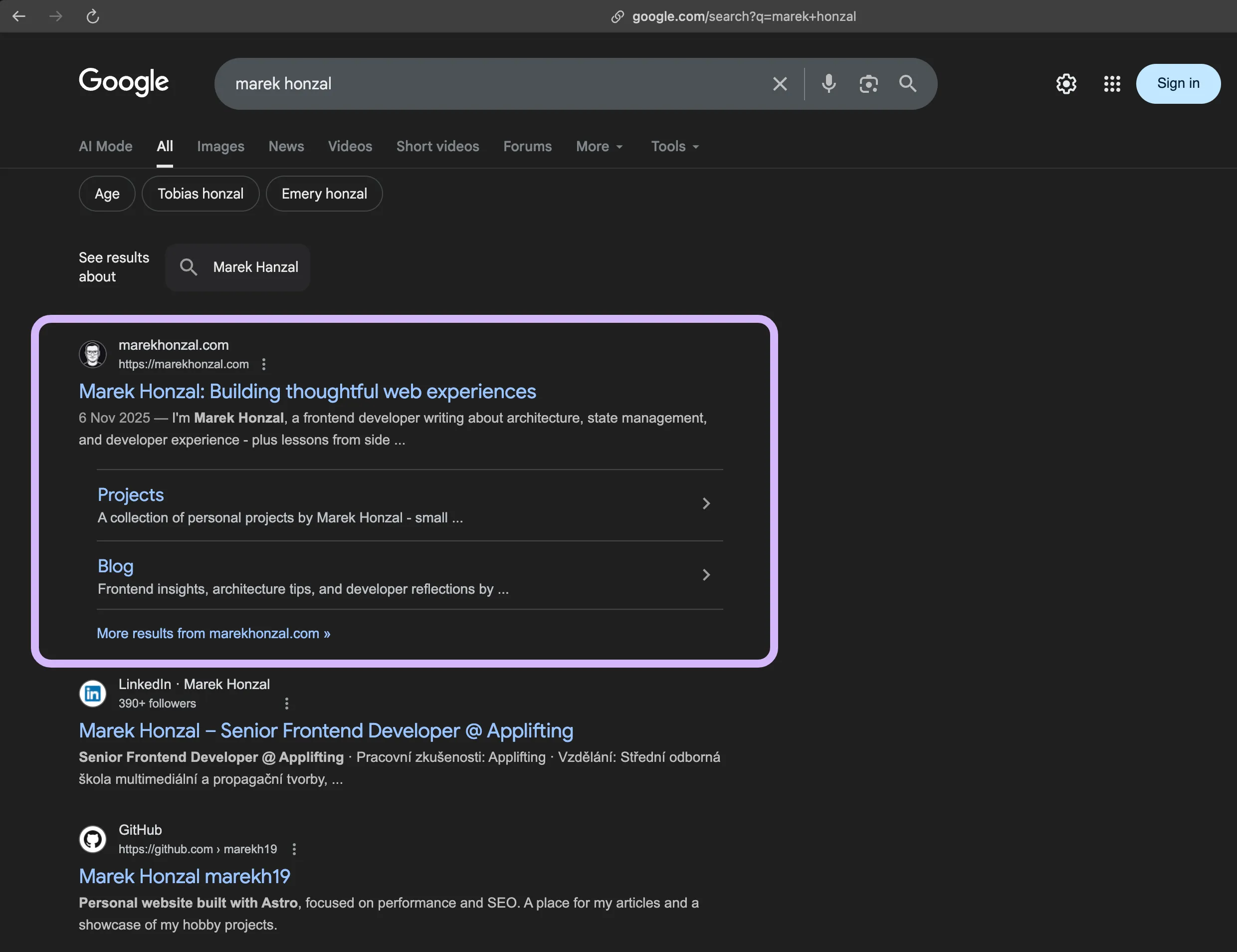My website appears as the first Google search result for 'Marek Honzal'.