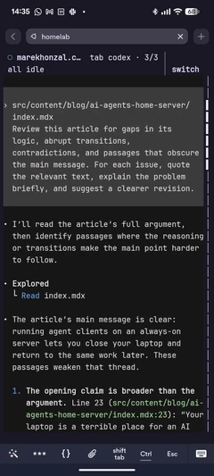 Phone connected through Termius to the same Claude Code session in herdr's compact mobile layout.