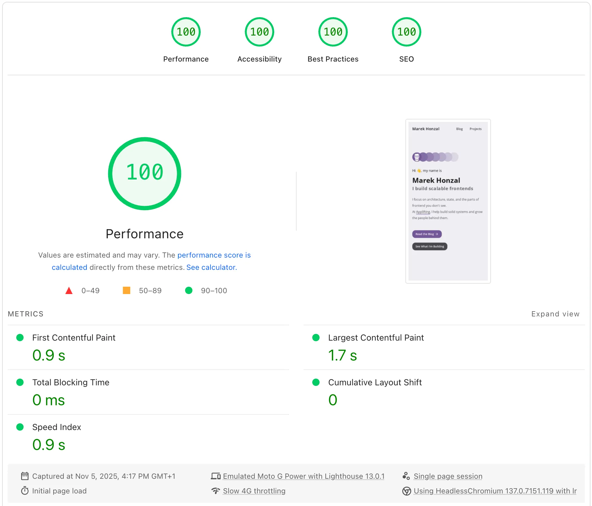 PageSpeed Insights report for the new website showing perfect scores.