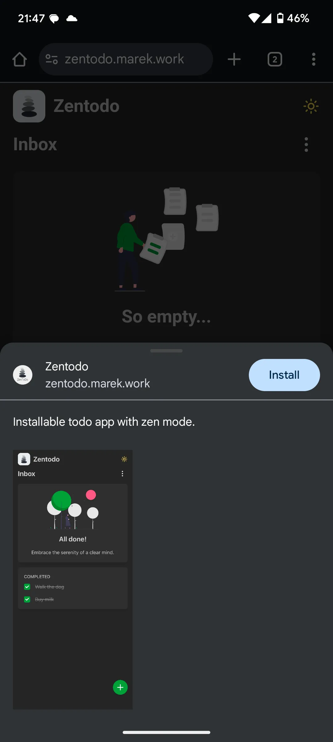 ZenToDo PWA installation prompt