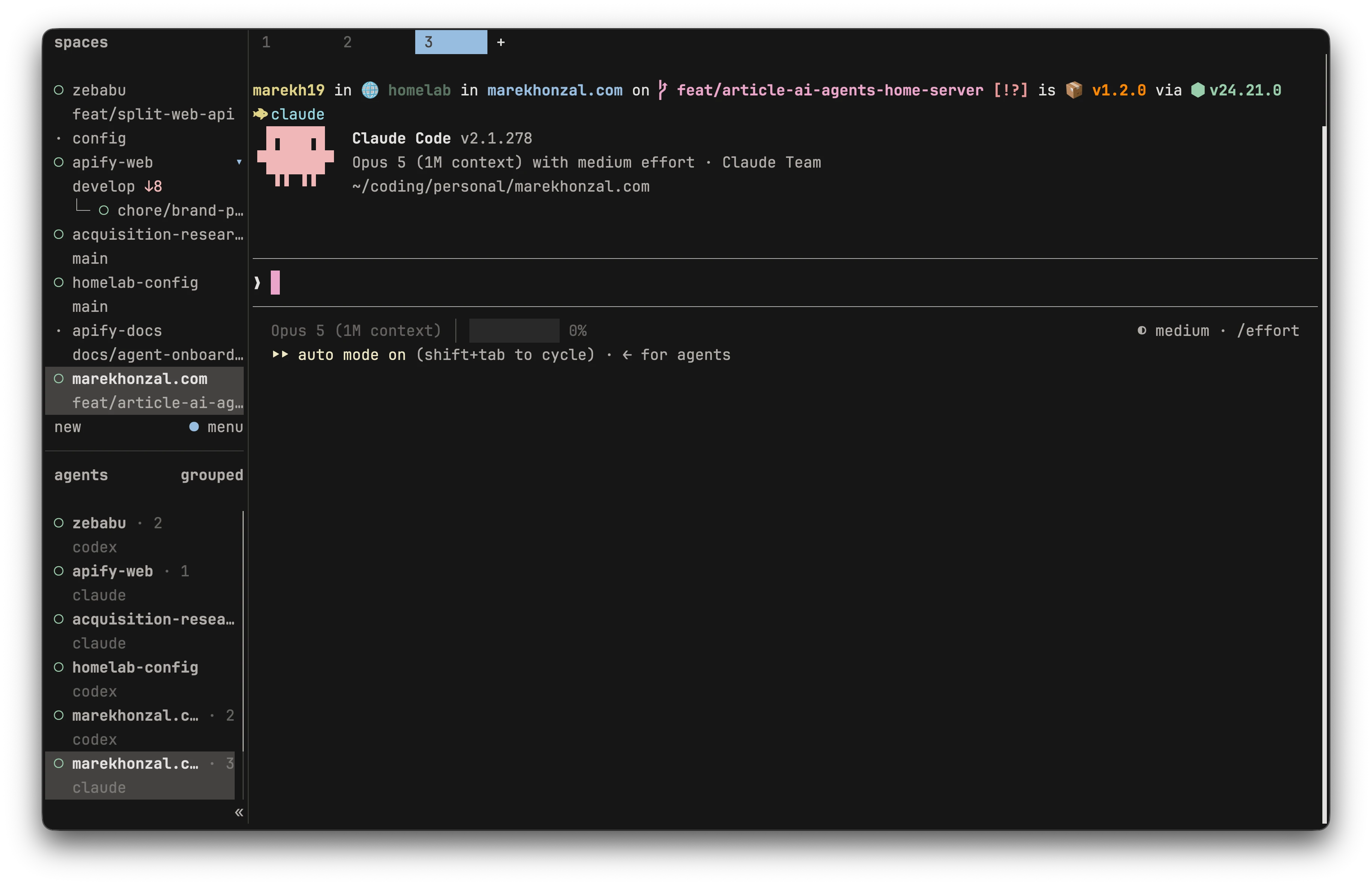 MacBook terminal showing Claude Code ready for a prompt, with herdr's repository and agent sidebar.