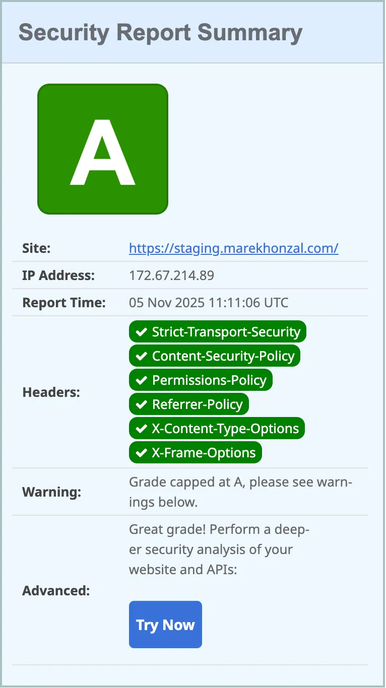 Screenshot from securityheaders.com. A grade.
