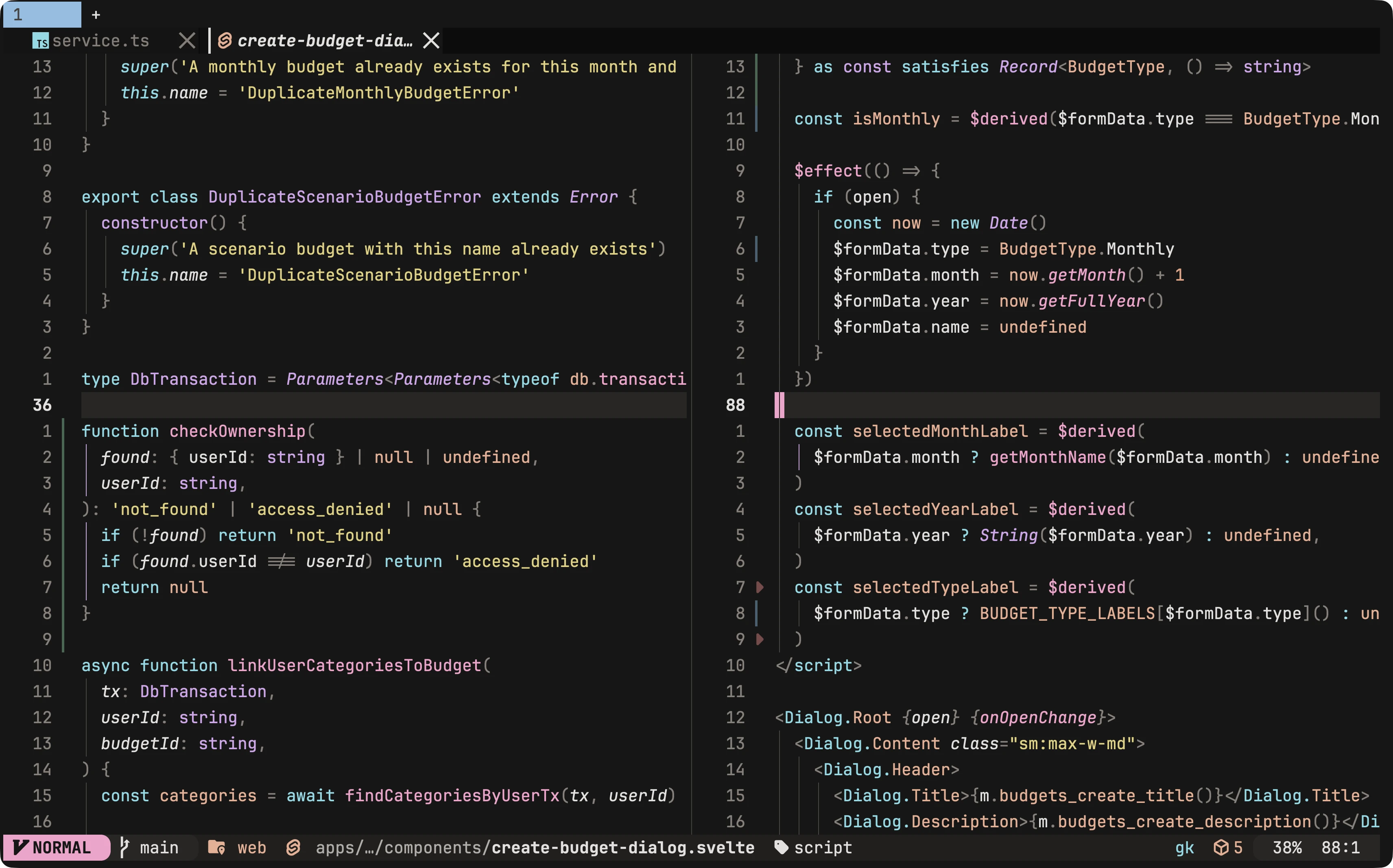 Neovim editor with the meowsoot Night colorscheme: a charcoal background with yellow strings, pink functions, lavender types, and cyan keywords.