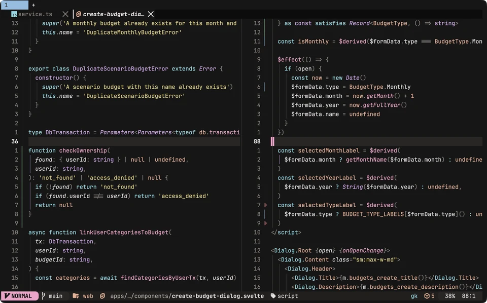 Neovim editor with the meowsoot Night colorscheme: a charcoal background with yellow strings, pink functions, lavender types, and cyan keywords.