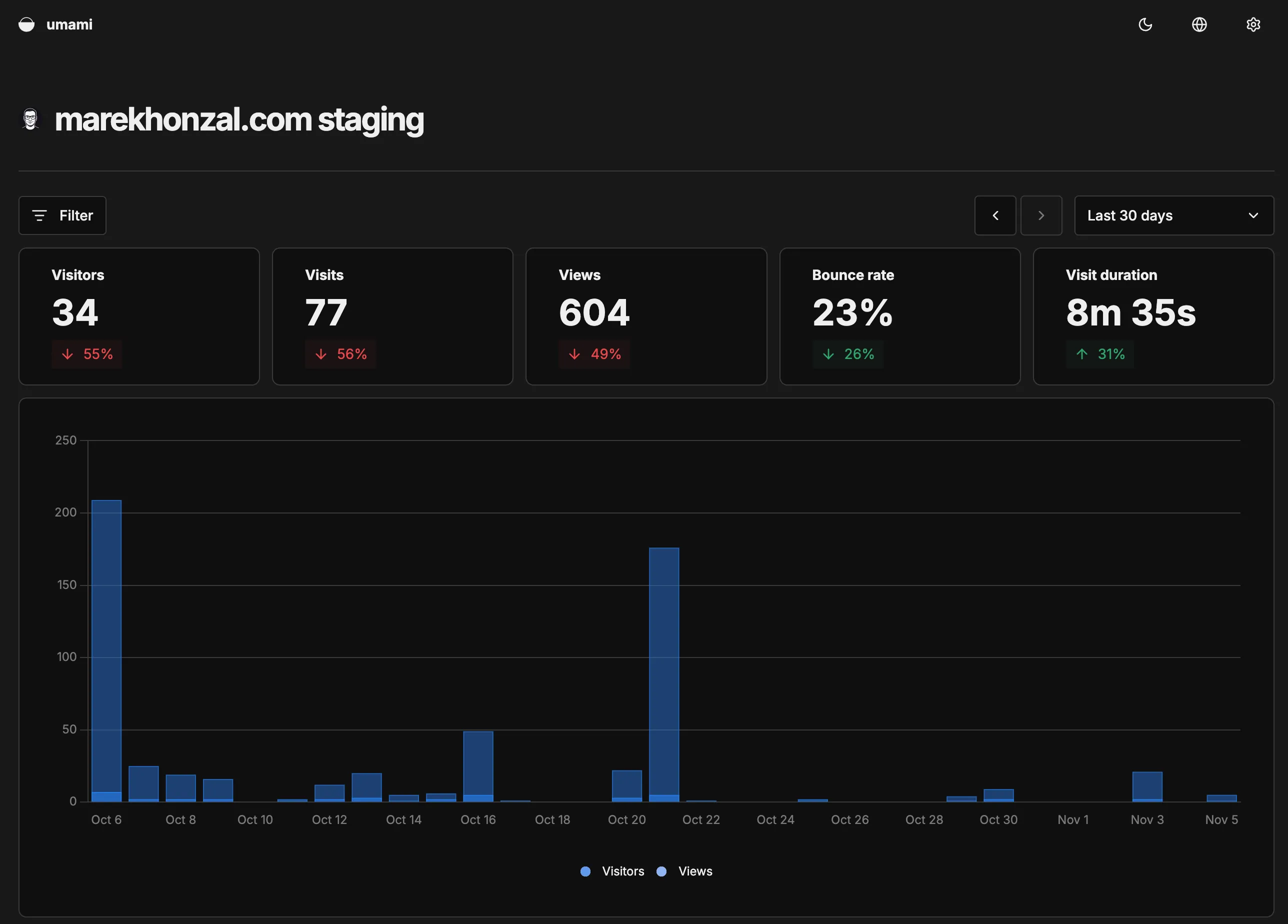 Screenshot from Umami analytics dashboard (staging environment).